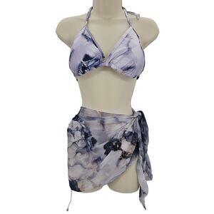 Zando Womans size L String Bikini Halter Tie 3 Piece Swimsuit Sarong Blue NWOT